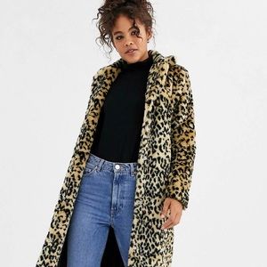 ASOS Tall Leopard Print Faux Fur Trench Coat Size 8